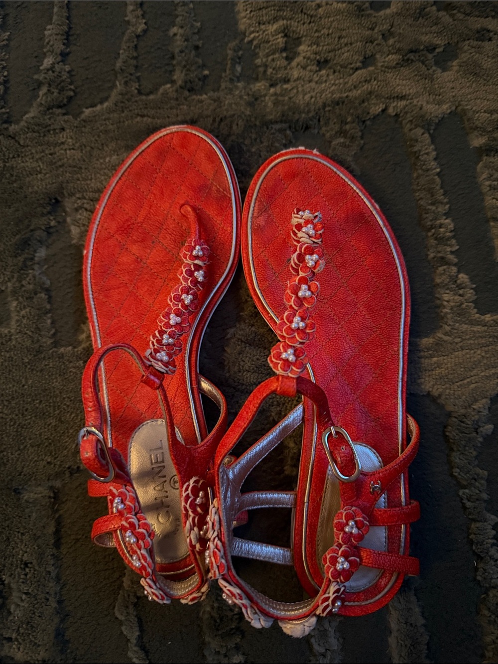CHANEL Red Quilted Floral T-Strap Sandals